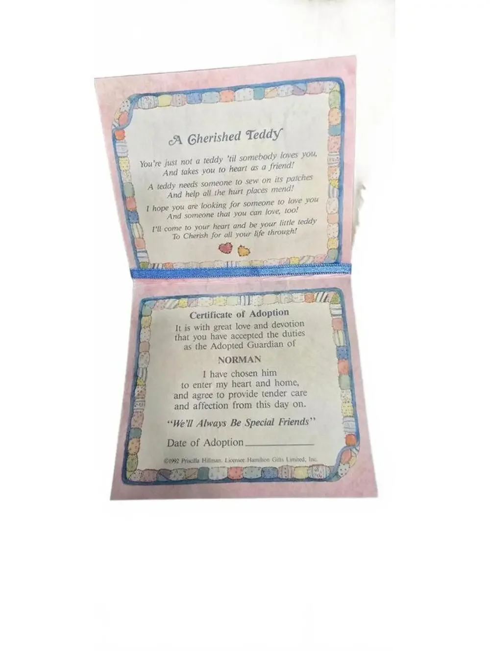Cherished Teddies Norman Plush Bear with Certificate of Adoption 1993